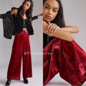 ANTHROPOLOGIE Floral Velvet Wide Leg Pants Pockets Red Plus Size 16 NWT